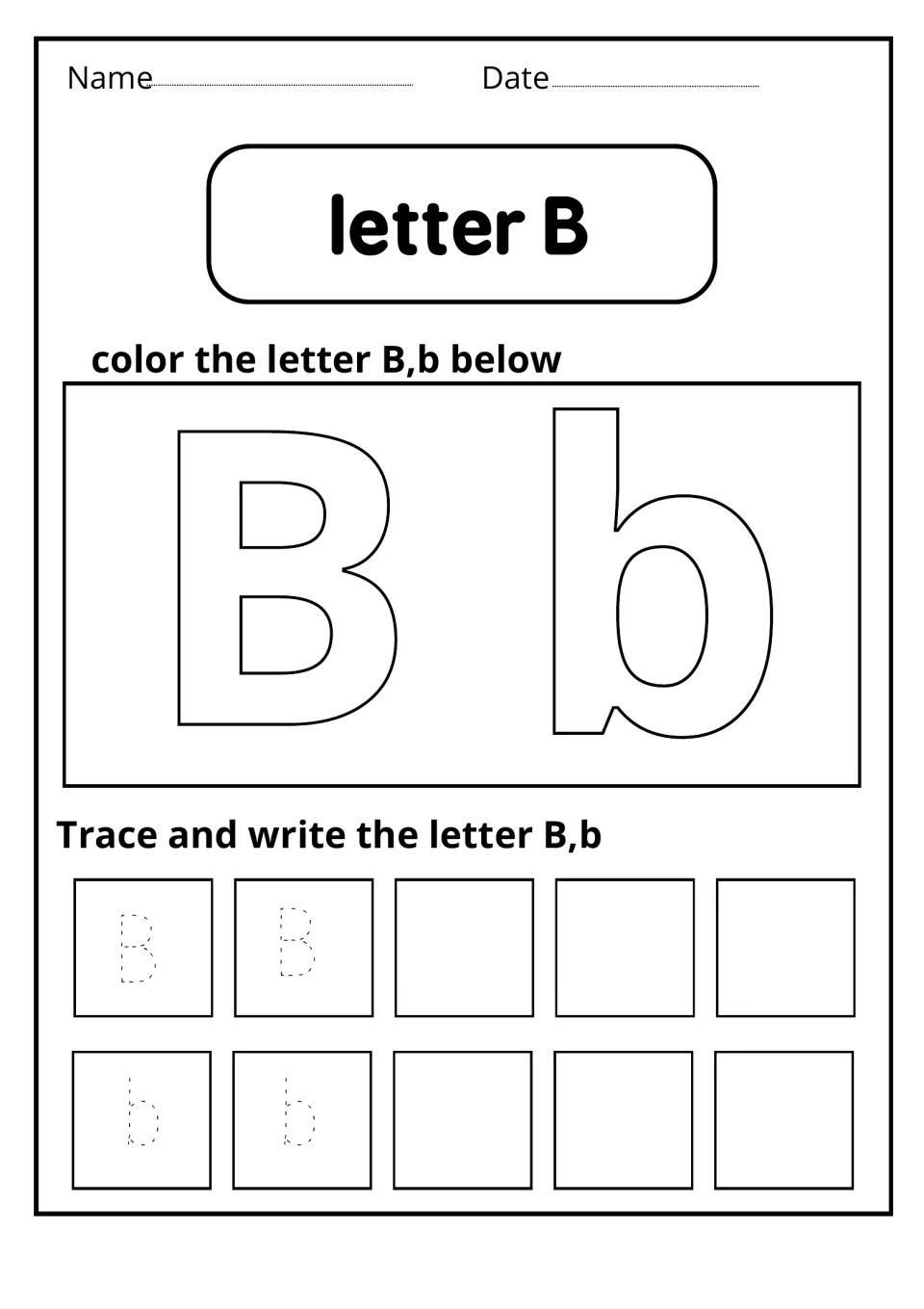 Letter B: students color large outline letters B and b, then trace two dotted examples of each and write the rest