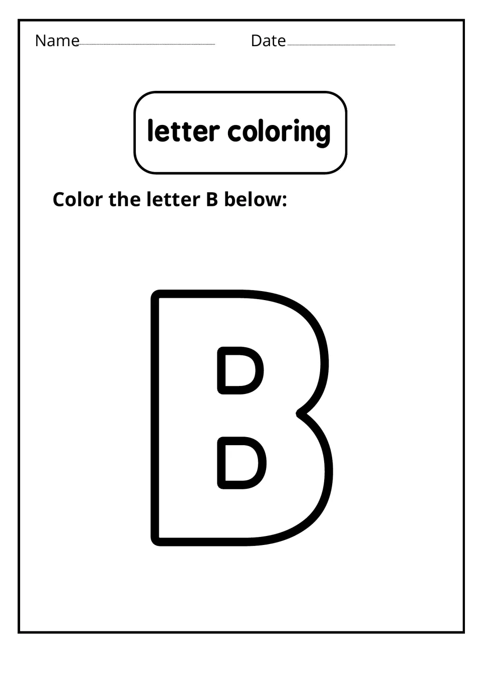 Letter coloring: students color one large bubble-outline uppercase B that fills the page, recognizing the capital form