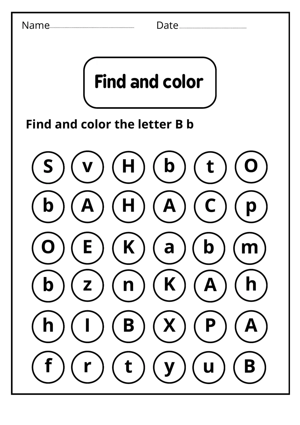Find and color letter recognition: students scan 36 circled letters and color each uppercase B and lowercase b