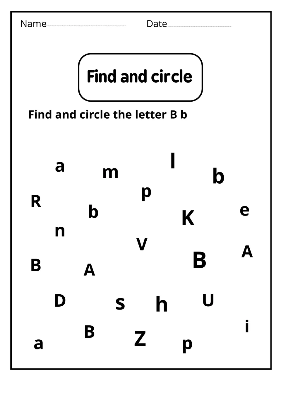 Find and circle: students circle each B and b among letters scattered across the page, including look-alikes D and p