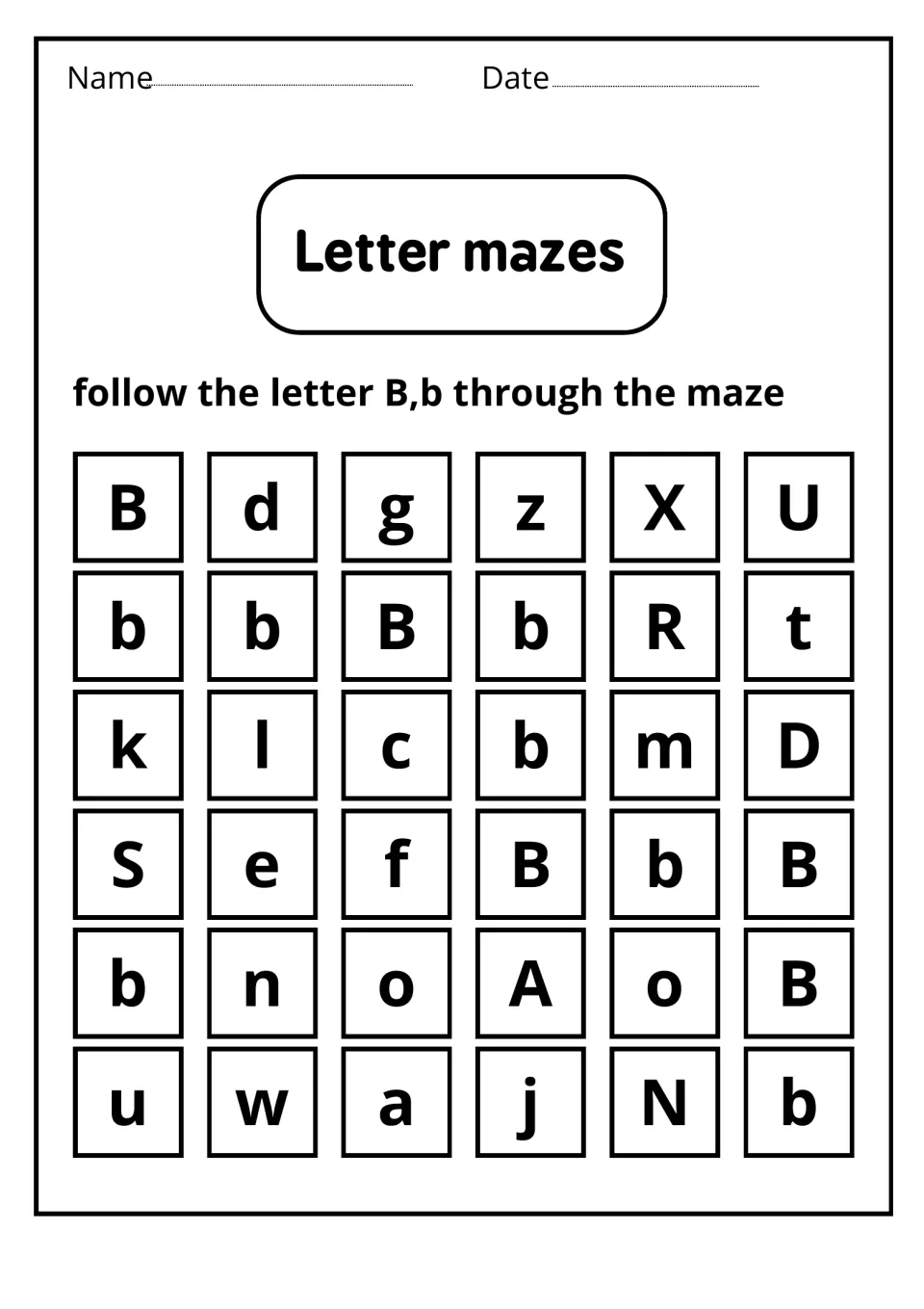 Letter mazes: students follow a path of B and b squares through a 6 by 6 letter grid, skipping look-alikes
