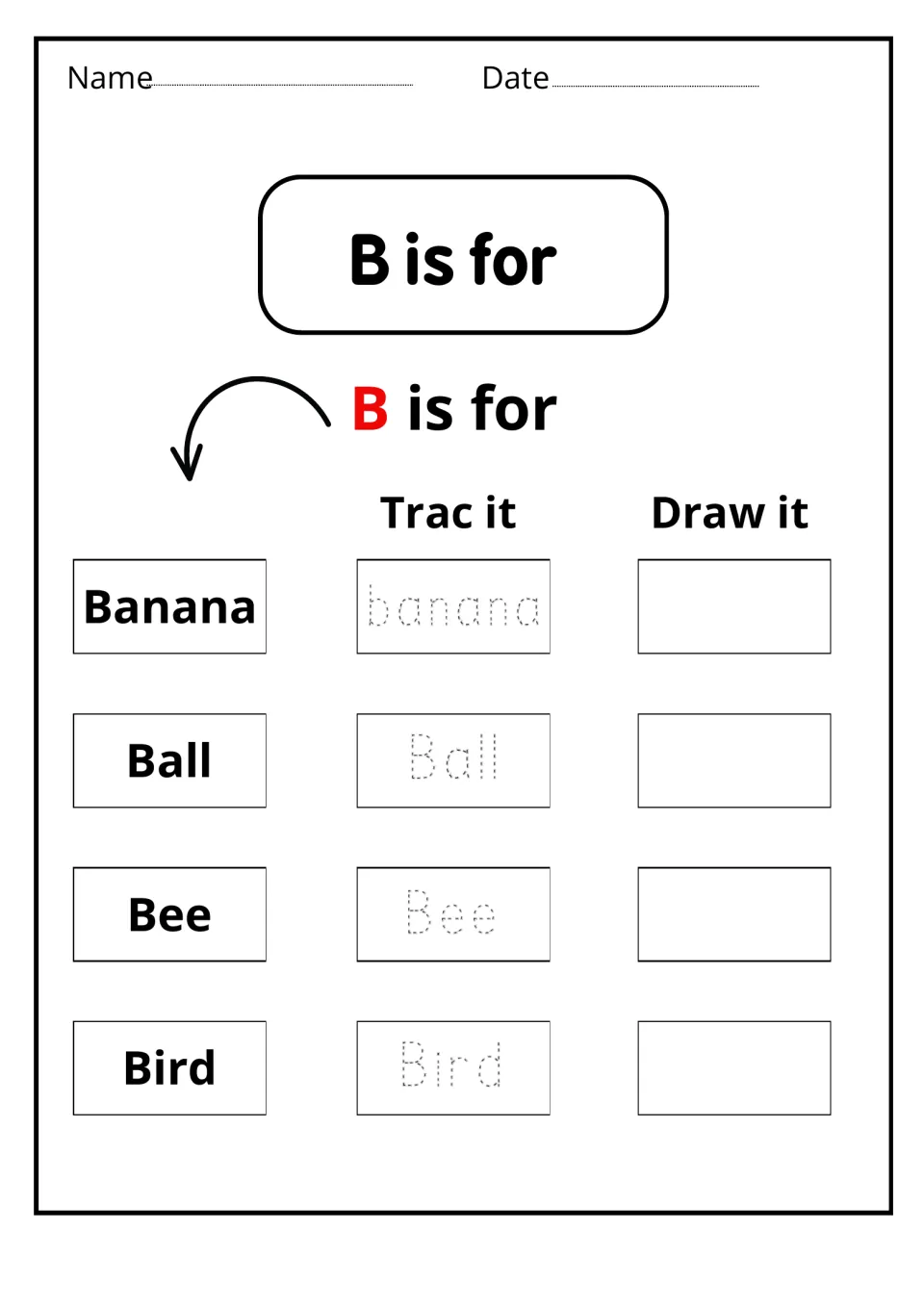 B is for: students read Banana, Ball, Bee and Bird, trace each dotted word, then draw a picture of it