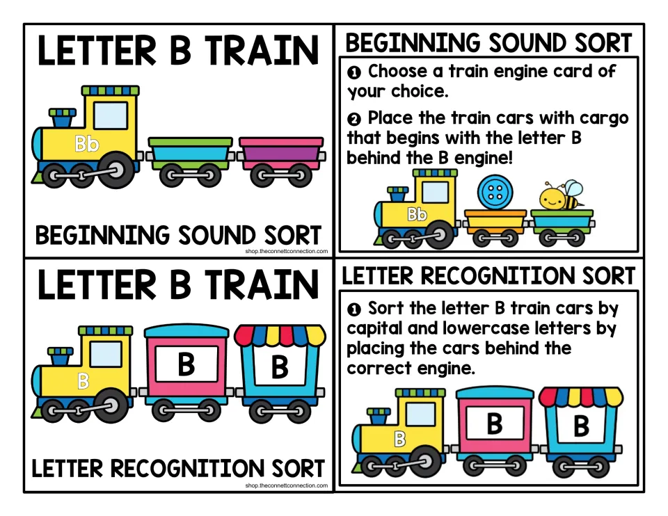 Letter B train center cards: title and steps for a beginning sound sort and a capital and lowercase B recognition sort