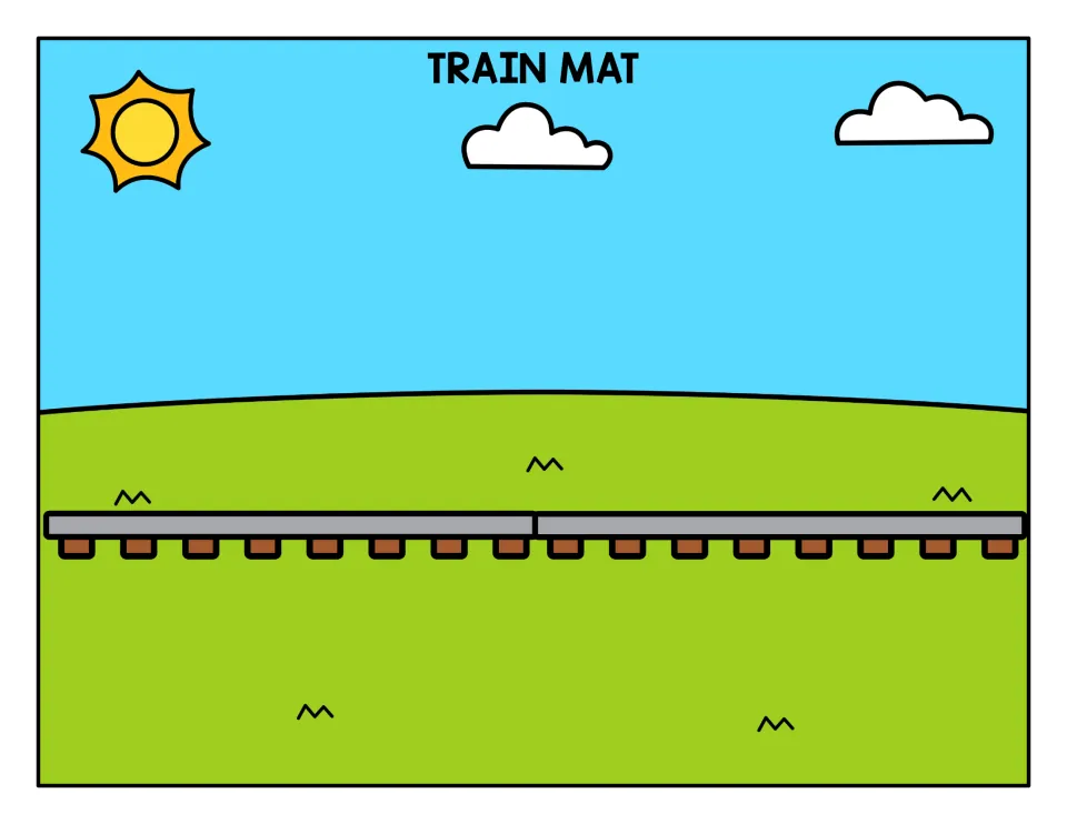 Train mat with a railroad track across a grassy field under a sun and clouds for laying out the engine and sorted cars