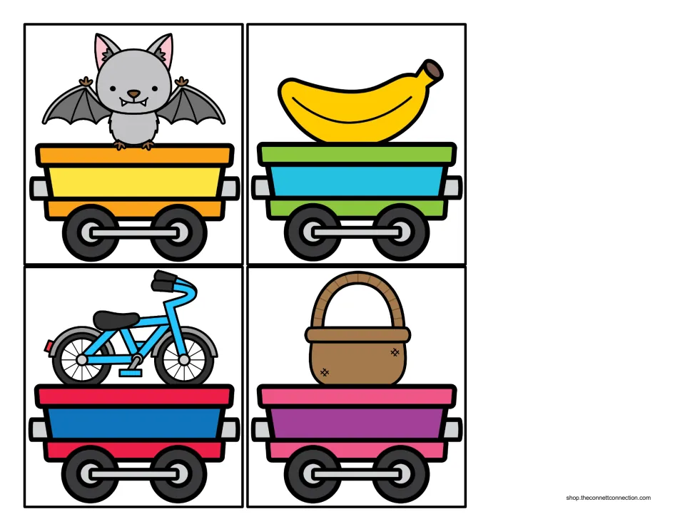 Picture train cars for the beginning sound sort: a bat, banana, bike and basket that students place behind the B engine
