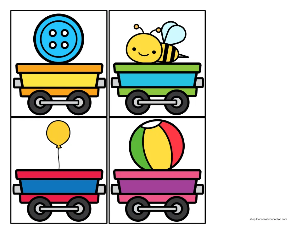 Beginning sound cargo cars showing a button, bee, balloon and ball for students to say aloud and attach to the B engine