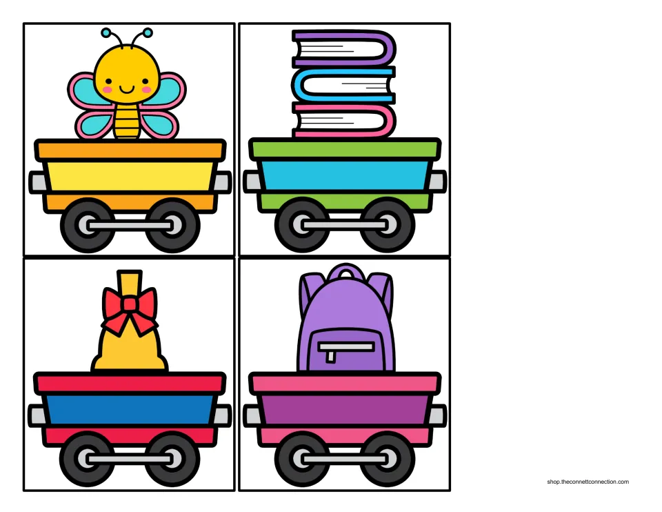 Train cars with B-word cargo: a butterfly, a stack of books, a bell and a backpack for sorting by beginning sound