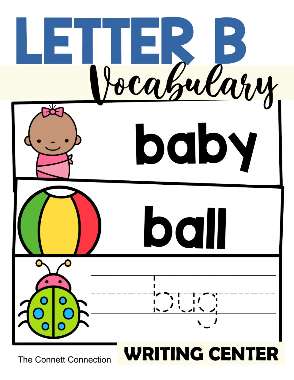 Letter B Vocabulary writing center cover: picture word cards for baby and ball and a dotted-letter tracing card for bug