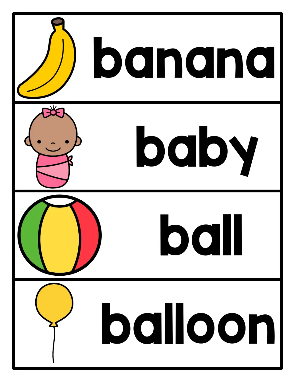 Letter B picture word cards: banana, baby, ball and balloon in bold print, each beside a matching picture for word reading