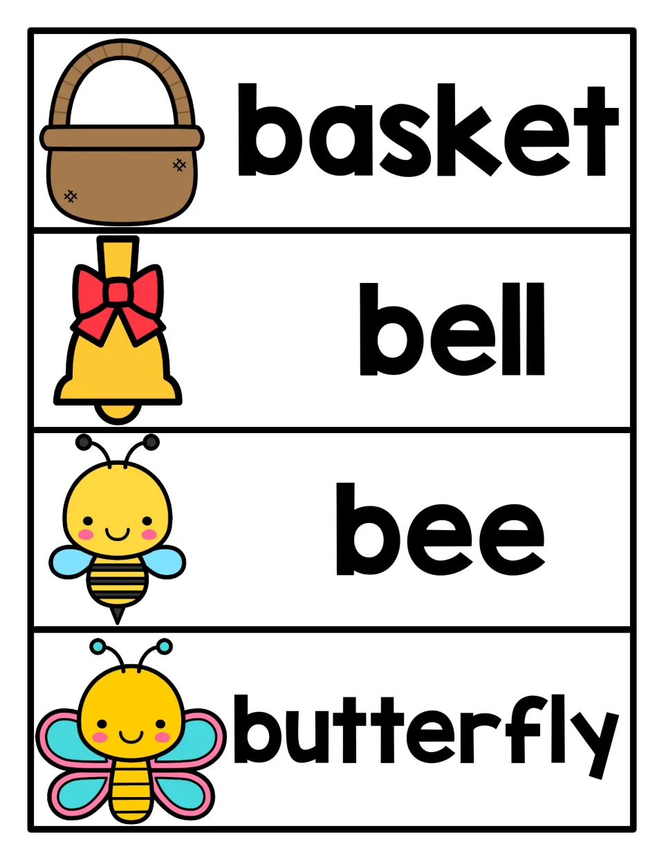 B vocabulary cards showing basket, bell, bee and butterfly in large letters next to pictures, for matching words to images