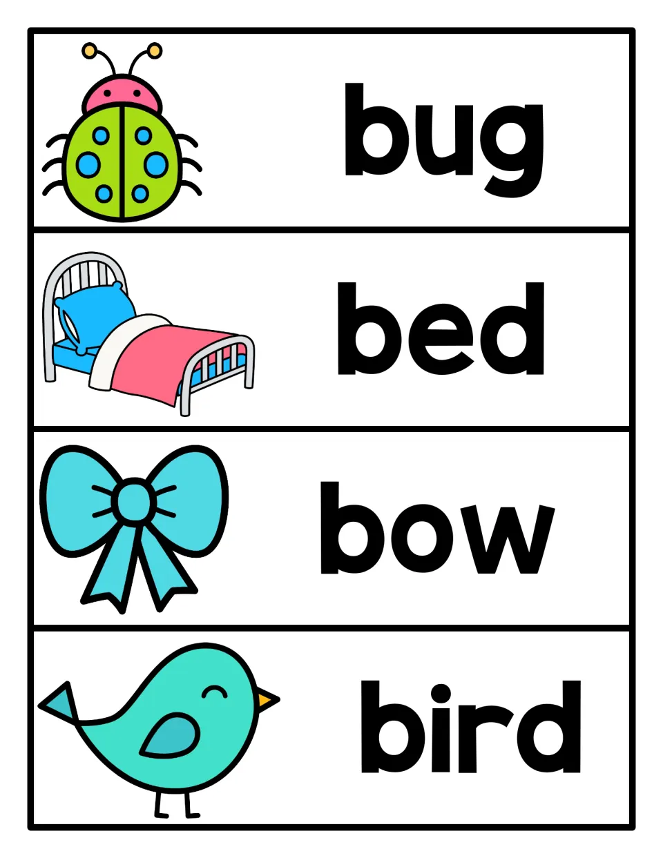 Initial B word cards for bug, bed, bow and bird, each printed word paired with a picture for vocabulary practice