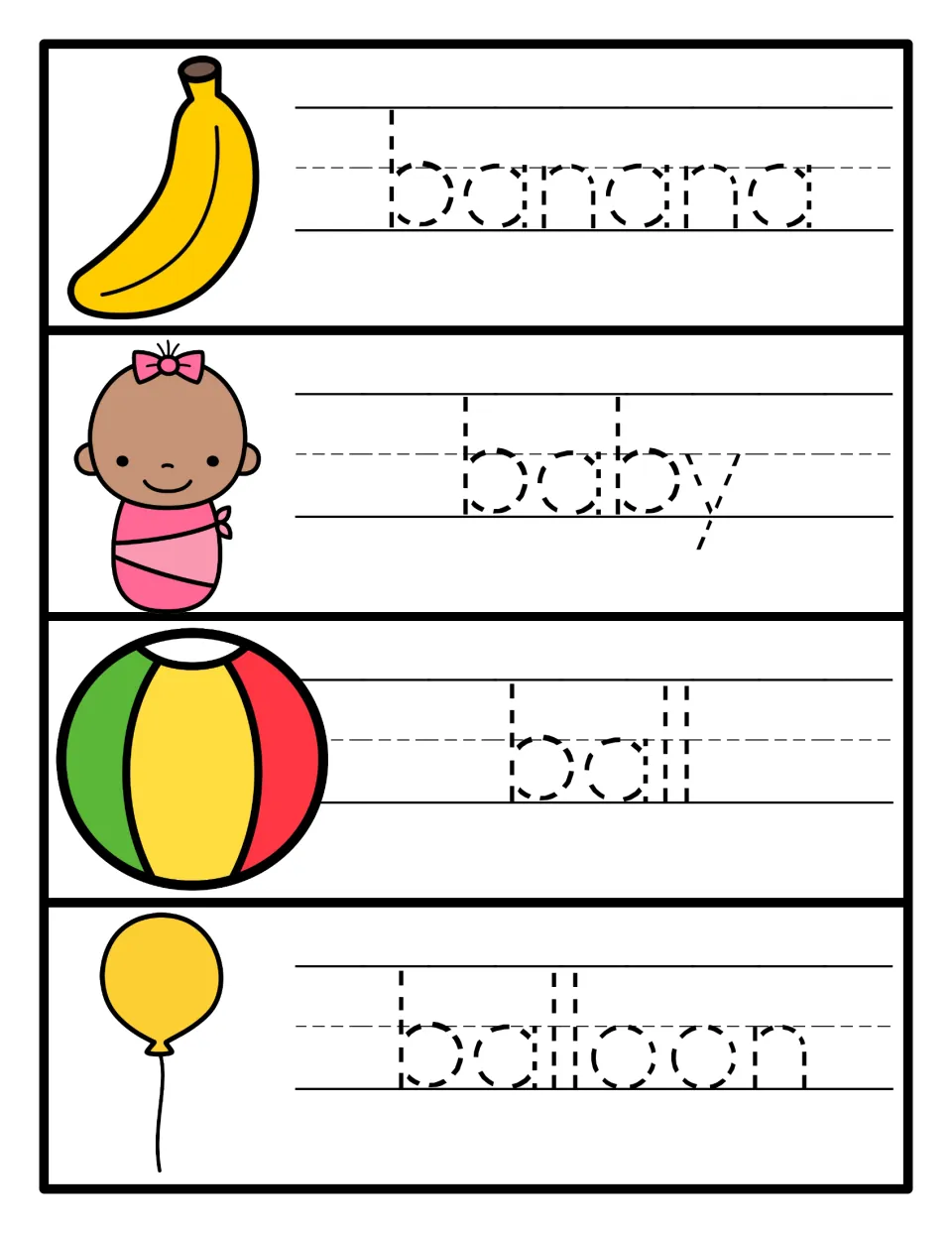 Handwriting practice: students trace the dotted words banana, baby, ball and balloon beside a picture of each B word