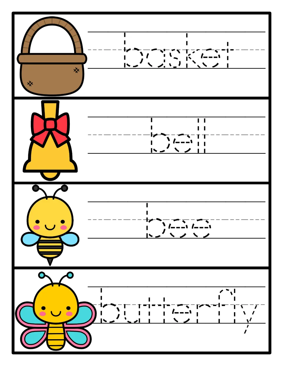 Tracing practice for basket, bell, bee and butterfly: children trace each dotted word next to its picture to form letters
