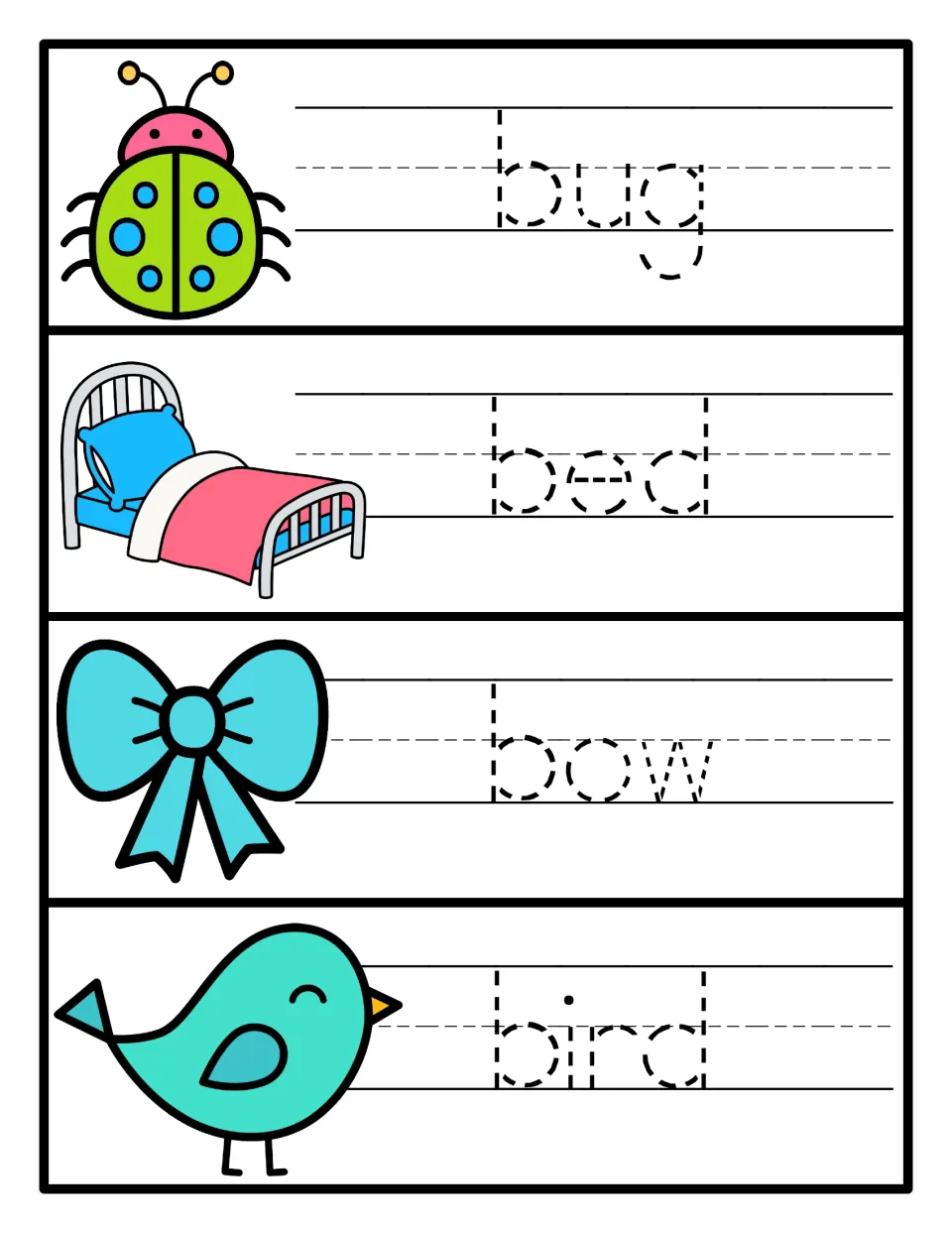 Trace-the-word practice for bug, bed, bow and bird, with dotted letters to follow and a picture cue beside each word