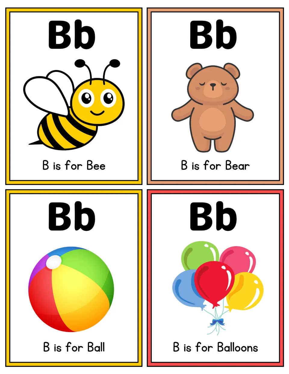 Letter B color flashcards: Bb shown with a bee, bear, ball and balloons, each card labeled B is for and the picture word