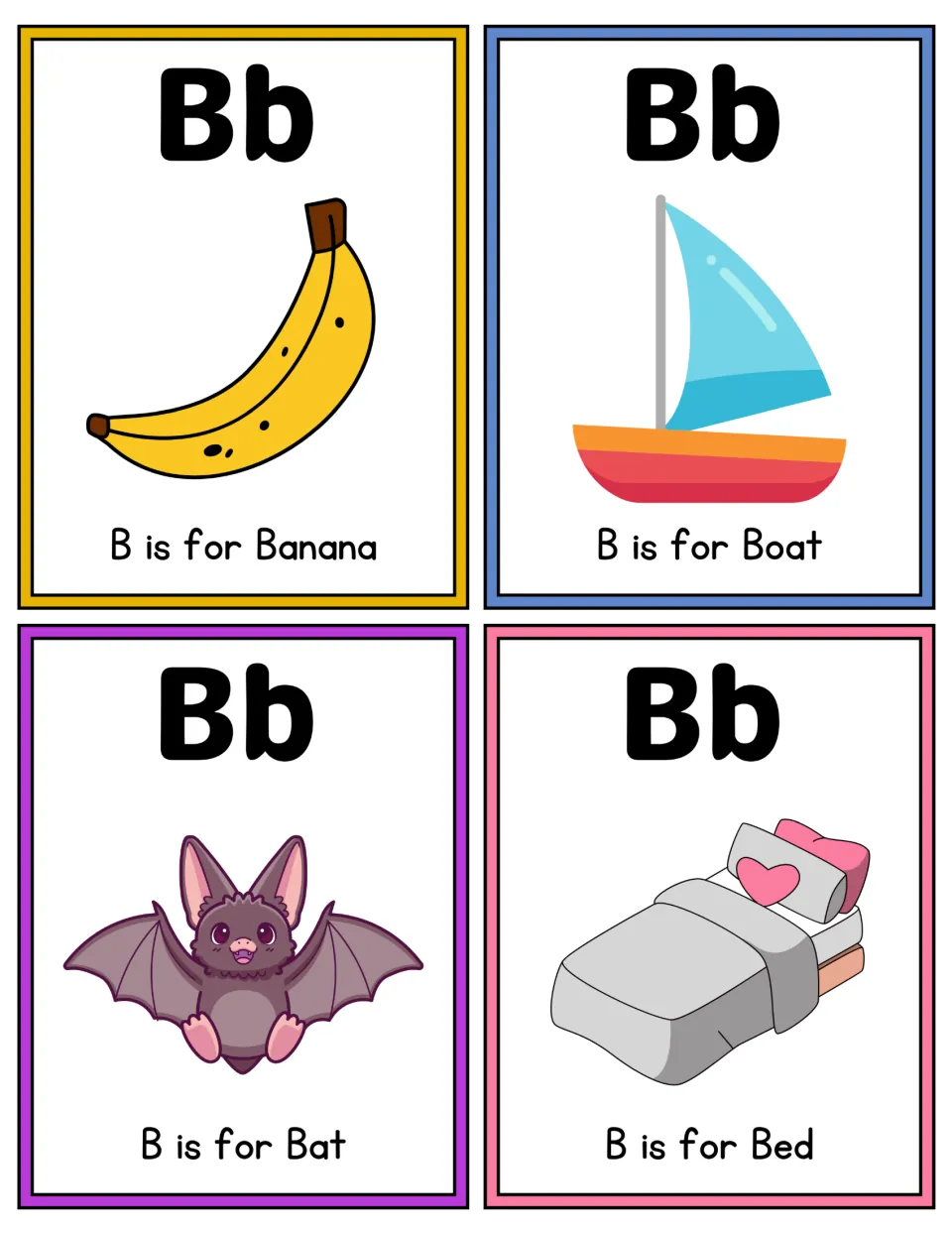 Letter B color flashcards: Bb cards picturing a banana, boat, bat and bed, each with a B is for sentence