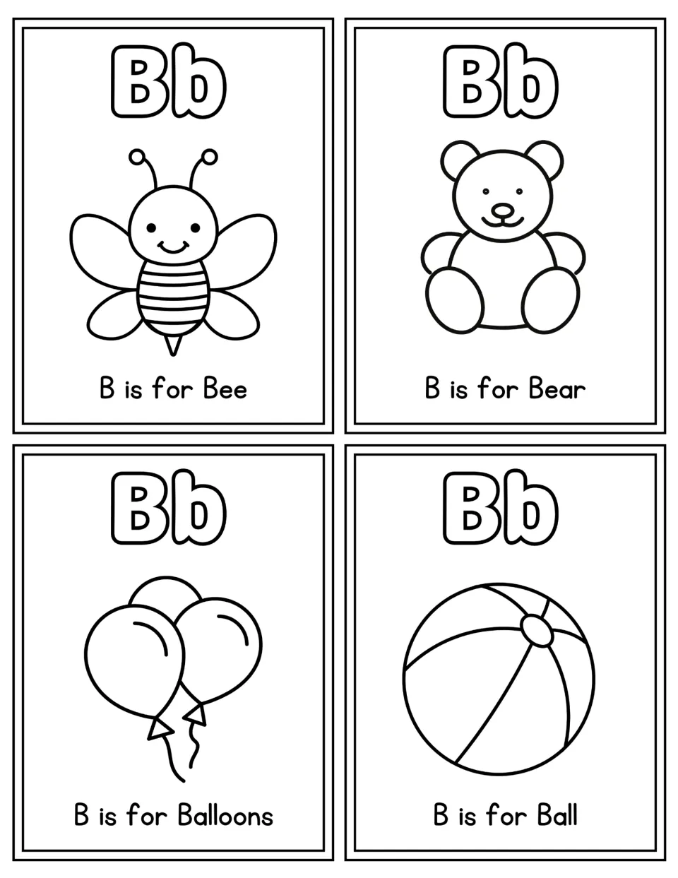 Letter B coloring cards: bubble Bb with outline drawings of a bee, bear, balloons and ball, each labeled B is for the word