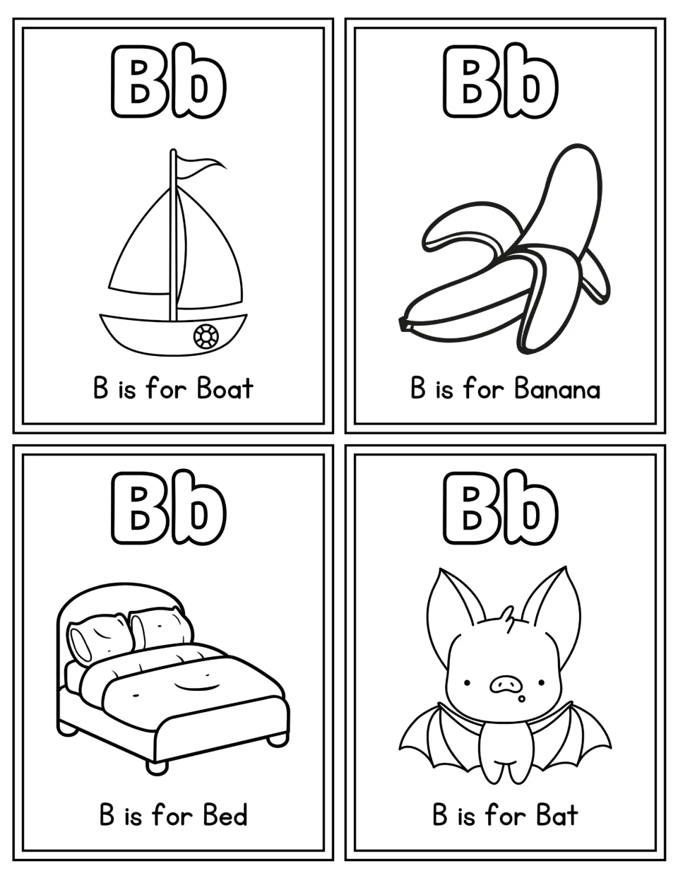 Letter B coloring cards: bubble Bb with outline drawings of a boat, banana, bed and bat, each with its B is for label
