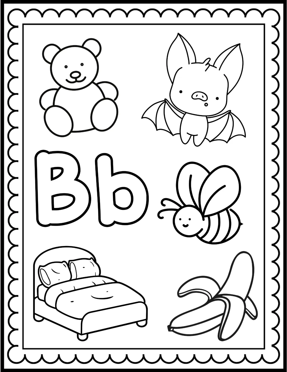 Letter B coloring page: large bubble Bb surrounded by a teddy bear, bat, bee, bed and peeled banana for students to color