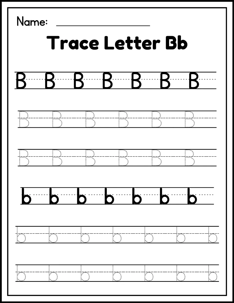 Trace Letter Bb handwriting: students trace dotted uppercase B and lowercase b rows, each led by solid model letters