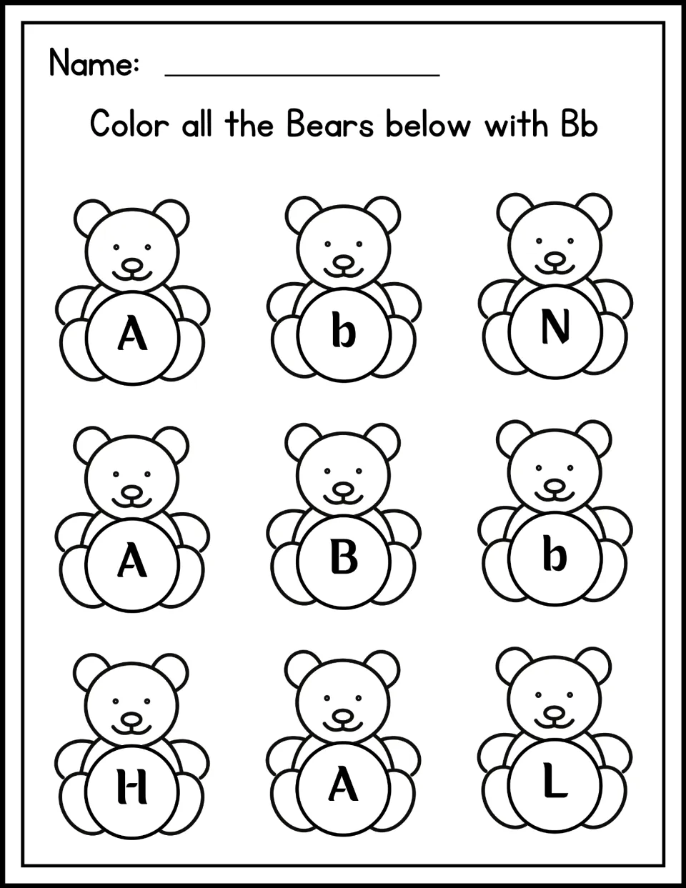 Letter B recognition: students color only the bears marked B or b among nine bears that also show A, N, H and L