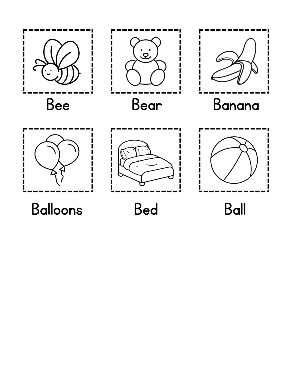 Letter B picture cut-outs: bee, bear, banana, balloons, bed and ball drawings labeled with their B words