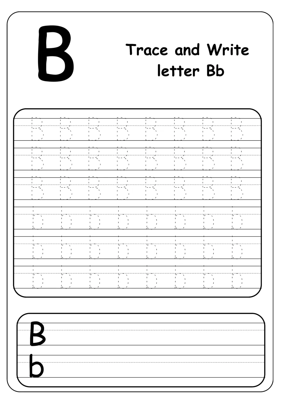 Trace and Write letter Bb: students trace three rows of dotted uppercase B and three of lowercase b, then write their own