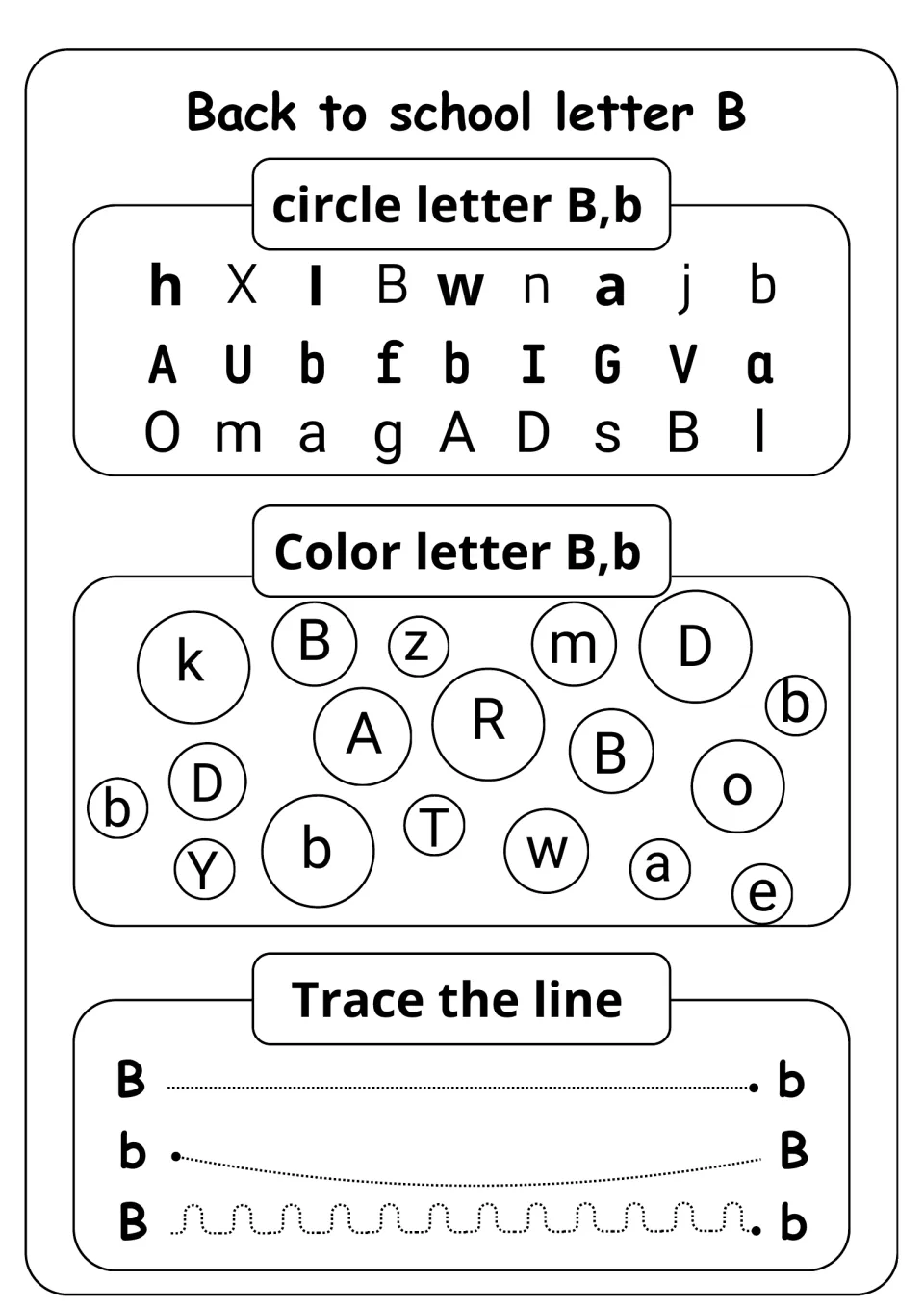 Letter B recognition: students circle B and b among mixed letters, color B and b bubbles, and trace lines from B to b