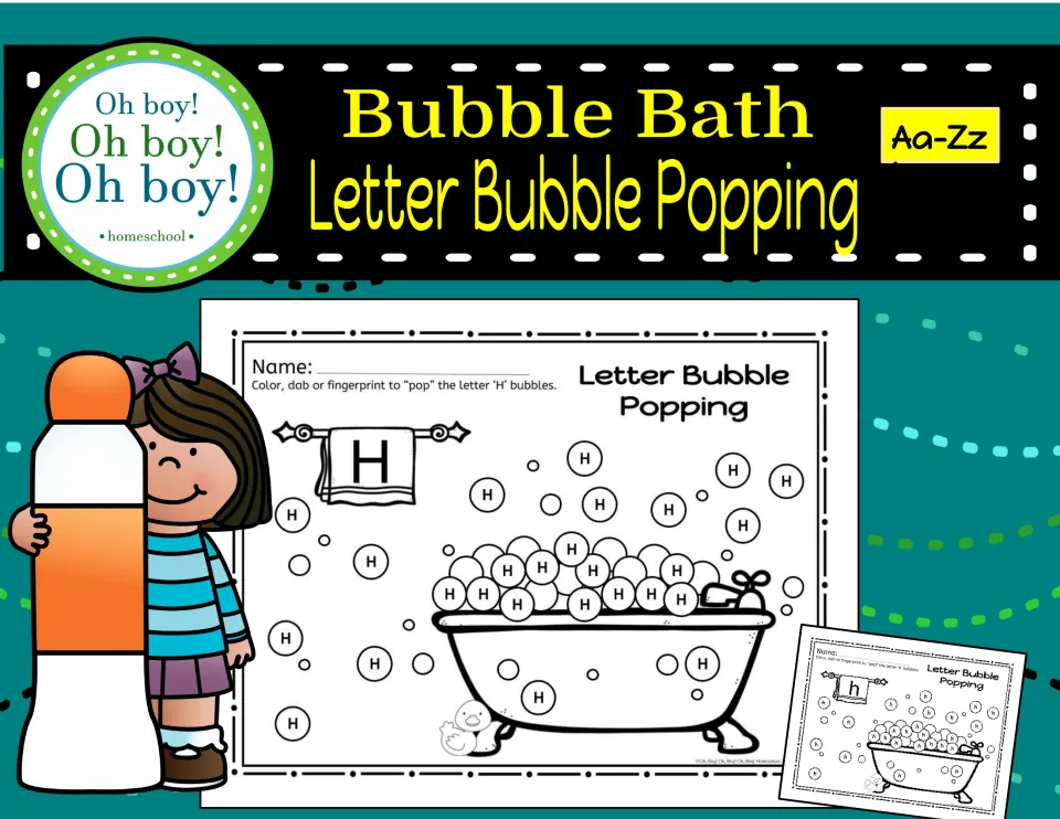 Cover of the bubble bath letter activity, labeled Aa–Zz, with uppercase H and lowercase h sample sheets