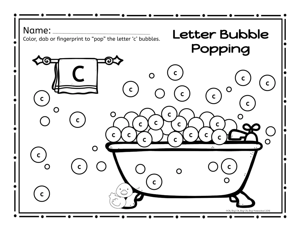 Lowercase c practice sheet: color, dab, or fingerprint the c bubbles in the bubble bath letter activity.
