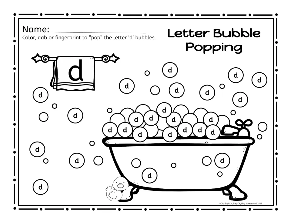 Lowercase d practice sheet: color, dab, or fingerprint the d bubbles in the bubble bath letter activity.