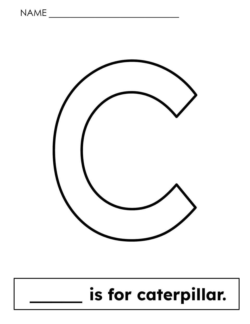 C is for caterpillar: students color a large outline letter C and write C in the blank, matching letter to sound