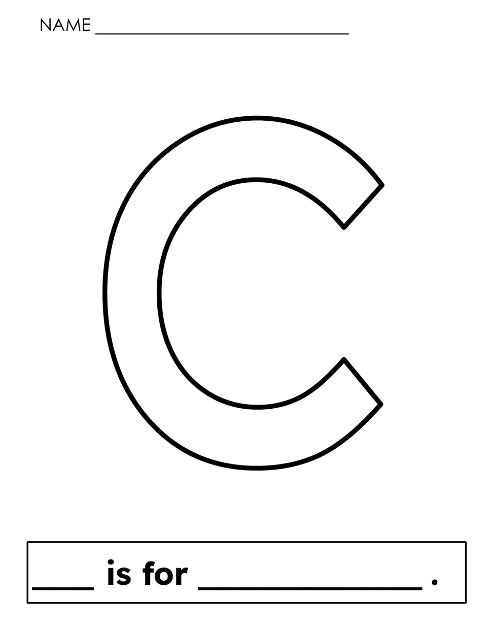 Letter C sentence frame: students color a large outline C, then fill in '___ is for ___' with a word that starts with C