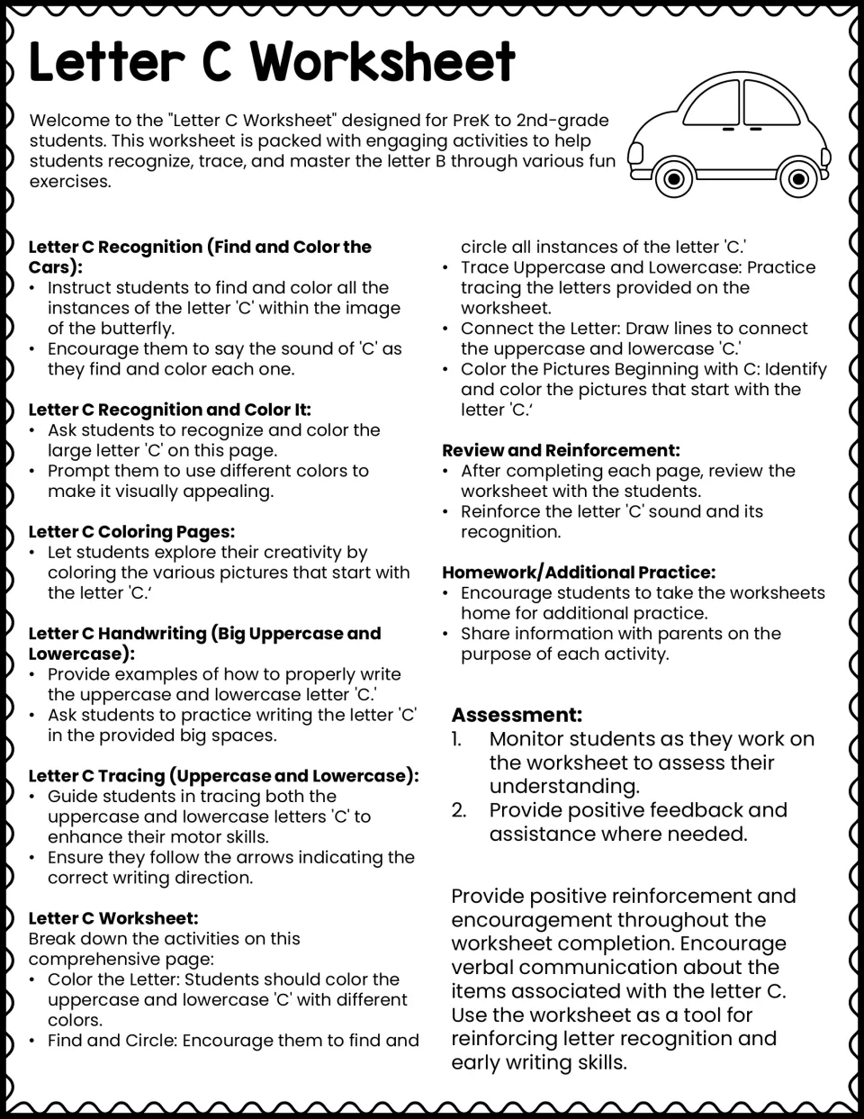 Letter C teacher guide: directions for each activity, from finding C on cars to tracing, coloring, review and assessment