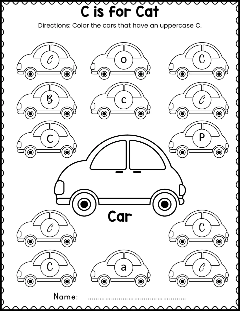 Letter recognition: students color the cars marked with an uppercase C and skip cars showing o, c, B, P or a