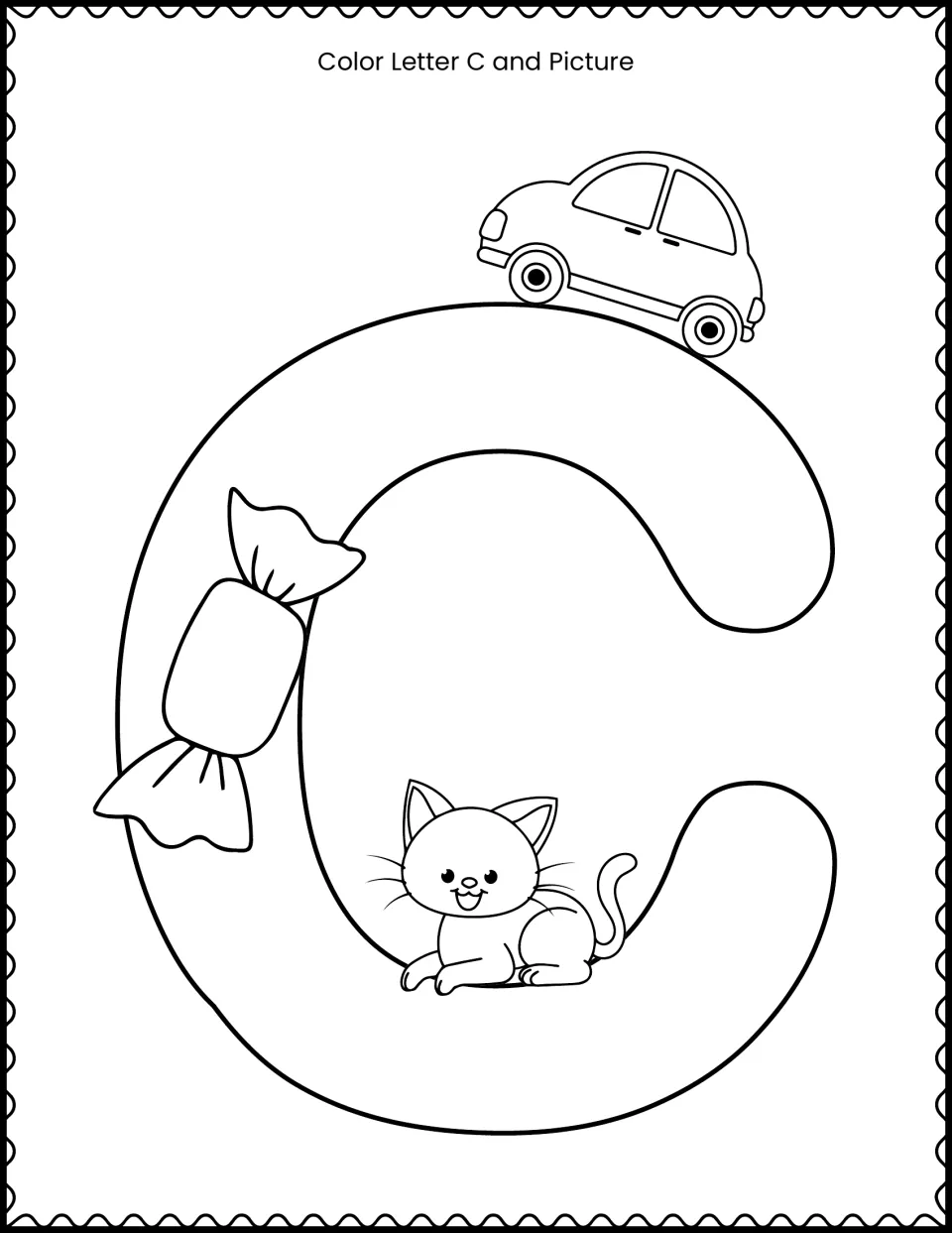 Giant bubble letter C to color, decorated with a car, a wrapped candy and a kitten, objects whose names start with C