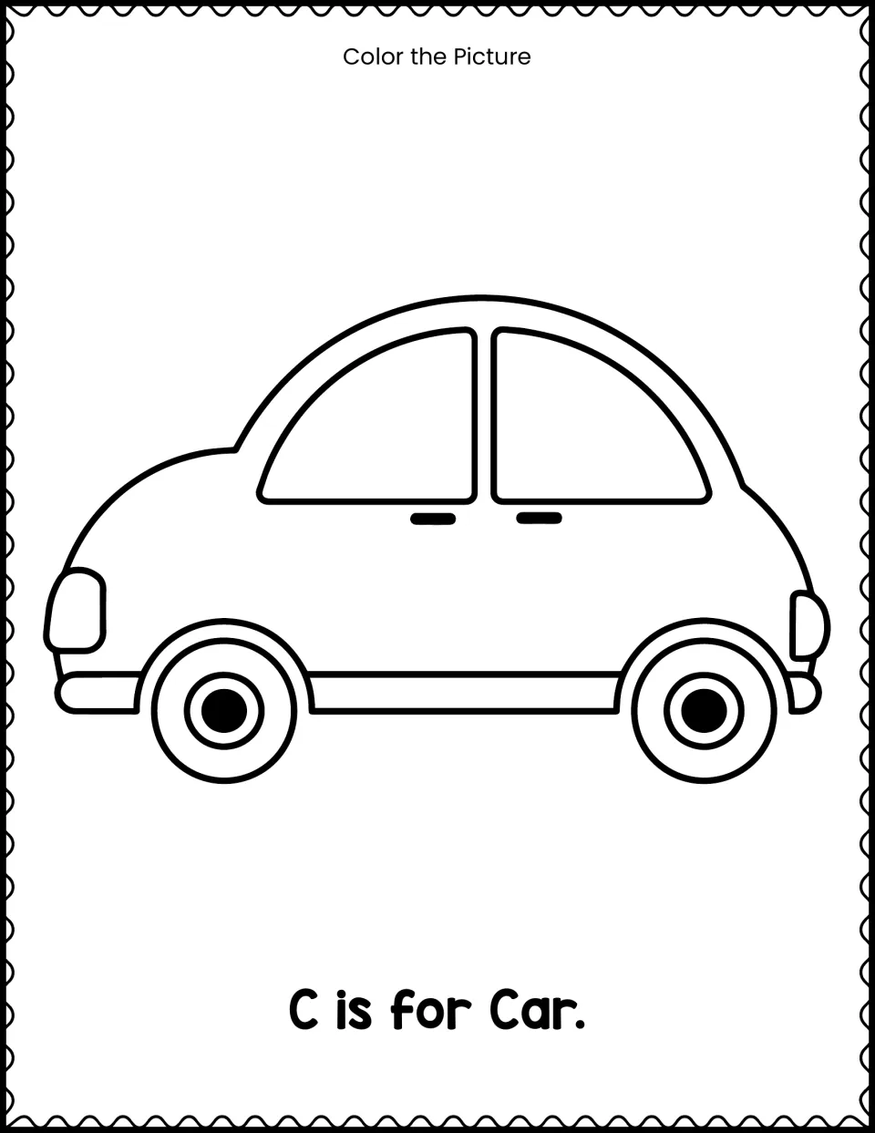 C is for Car: a single large outline of a small two-door car for students to color and name aloud as a C word