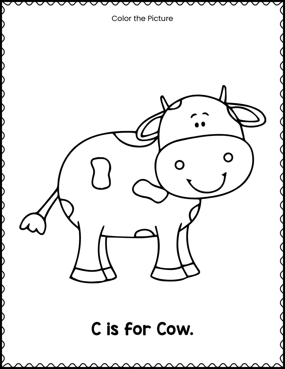 C is for Cow: students color a smiling spotted cow drawing and say the word to hear its beginning C sound
