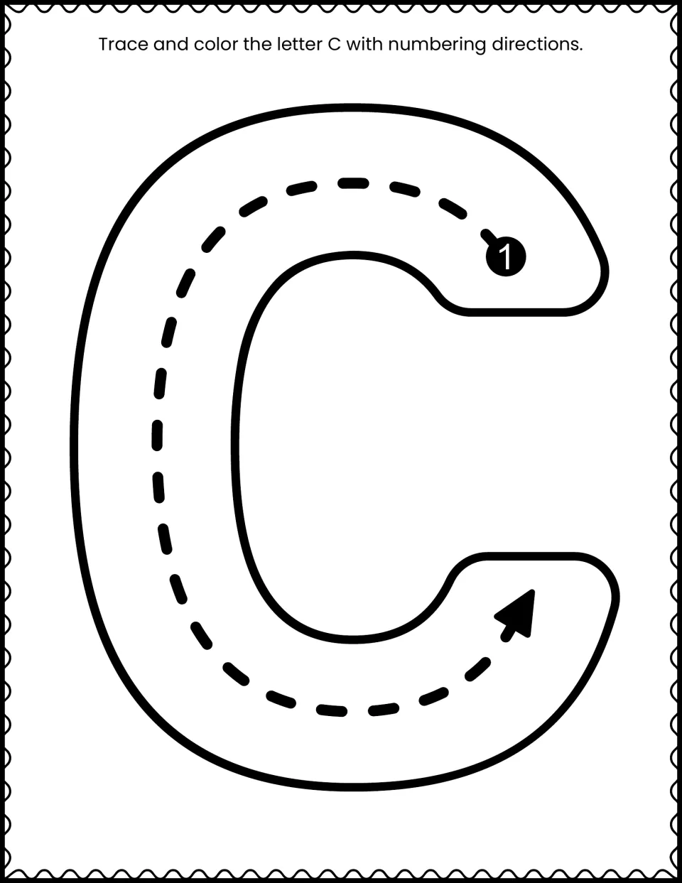 Uppercase C letter formation: students trace a dashed path starting at number 1 and following the arrow, then color it