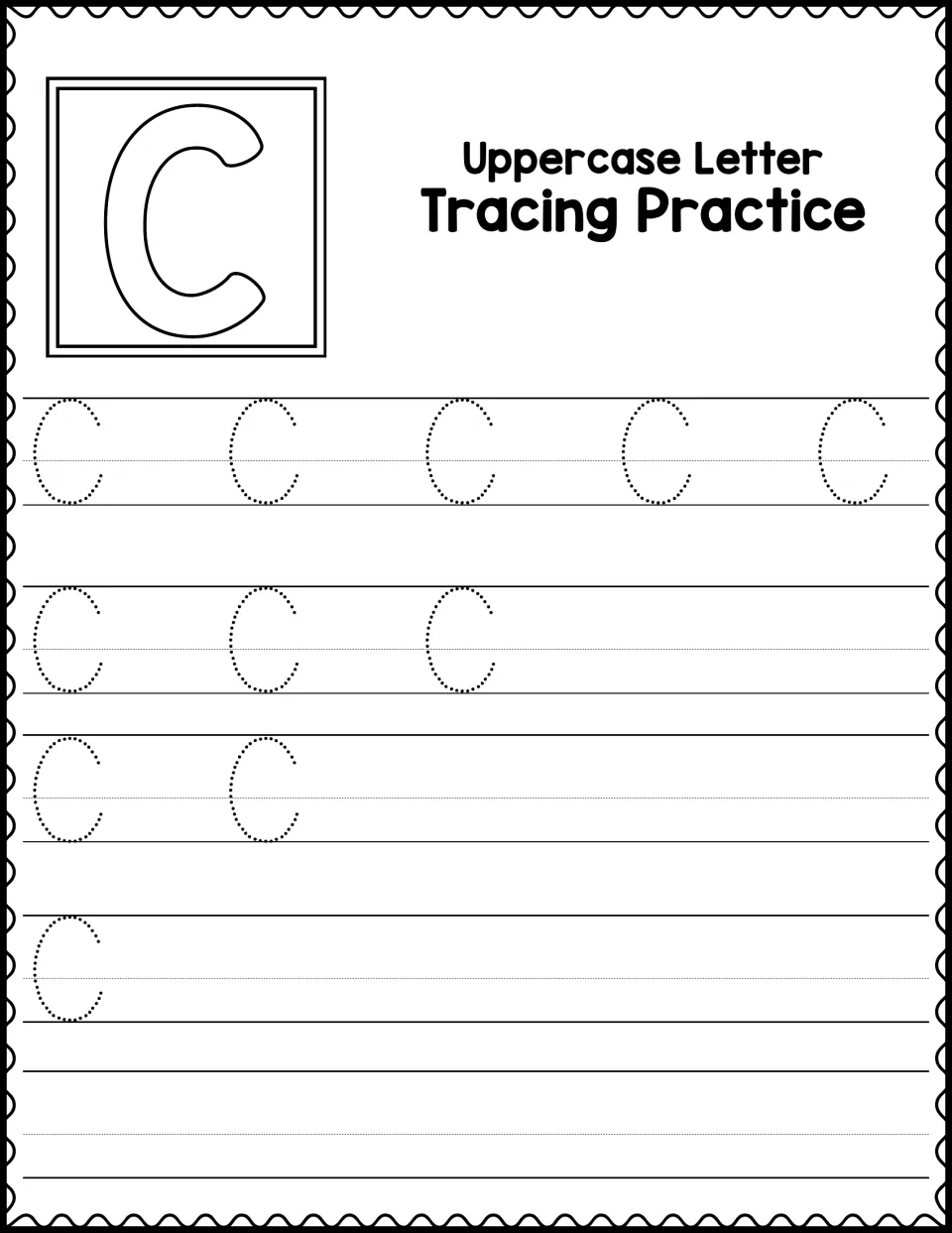 Uppercase Letter Tracing Practice: students trace dotted capital C letters, with fewer guides in each row