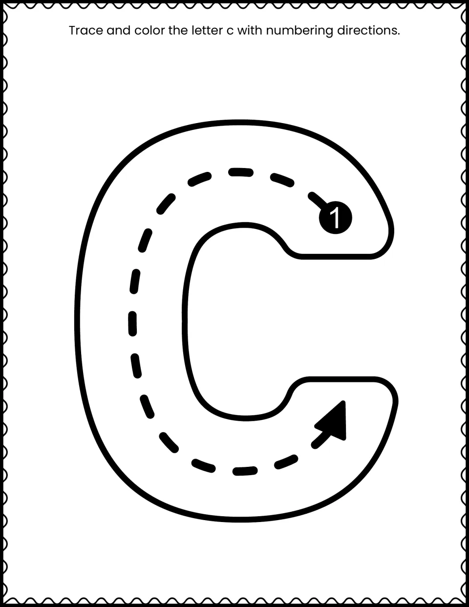 Lowercase c letter formation: students trace the dashed stroke from start point 1 along the arrow, then color the c
