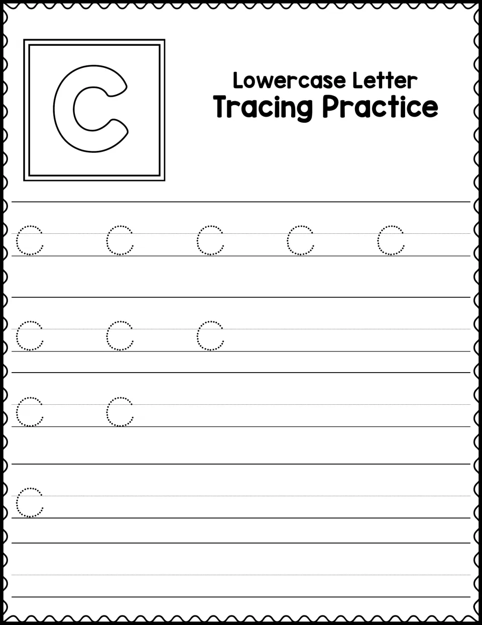 Lowercase Letter Tracing Practice: students trace dotted small c letters in rows of 5, 3, 2 and 1, then write c alone