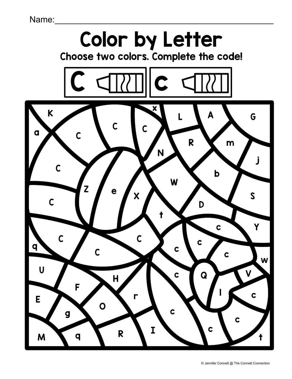 Color by Letter: students color every uppercase C one color and every lowercase c another, skipping the other letters