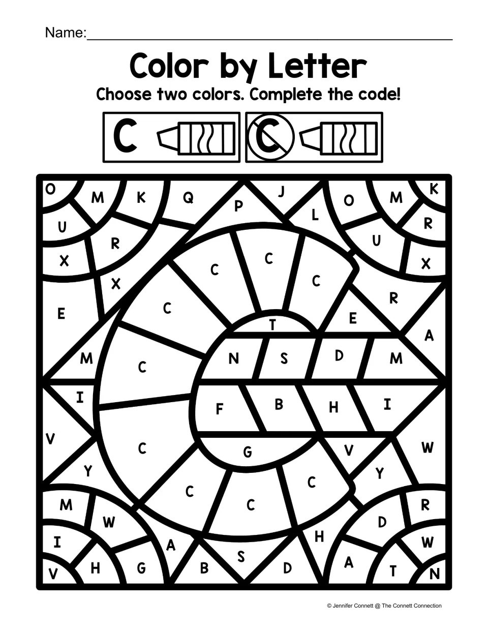Uppercase C hunt: students color C spaces one color and all other letters a second color to reveal a large letter C