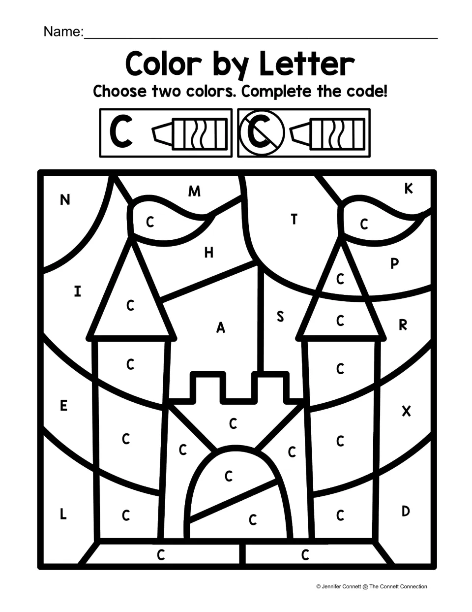 Hidden castle picture: students color uppercase C spaces one color and non-C letter spaces another to reveal a castle