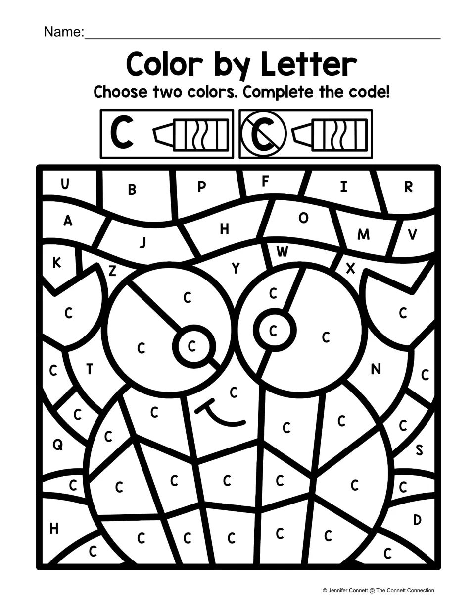 Capital C color code: students fill C spaces with one color and other letters with another to show a smiling animal
