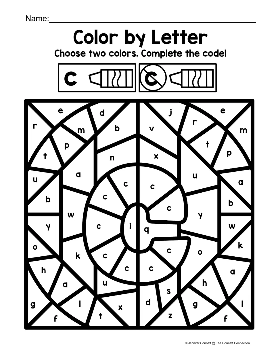 Lowercase c search: students color c spaces one color and all other lowercase letters another to uncover a big letter c