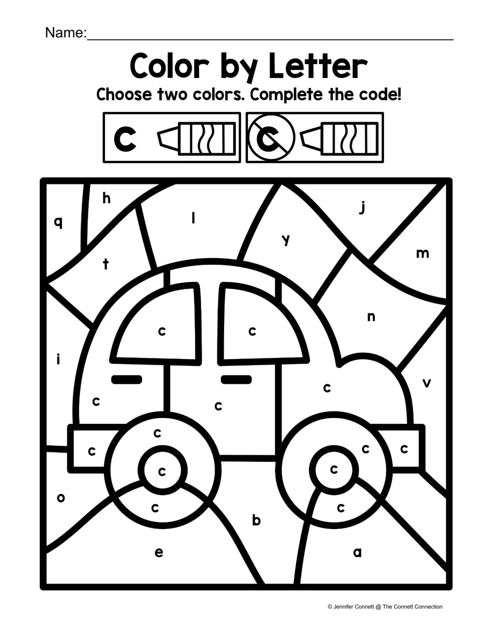 Hidden car picture: students color lowercase c spaces one color and other lowercase letters another to reveal a car