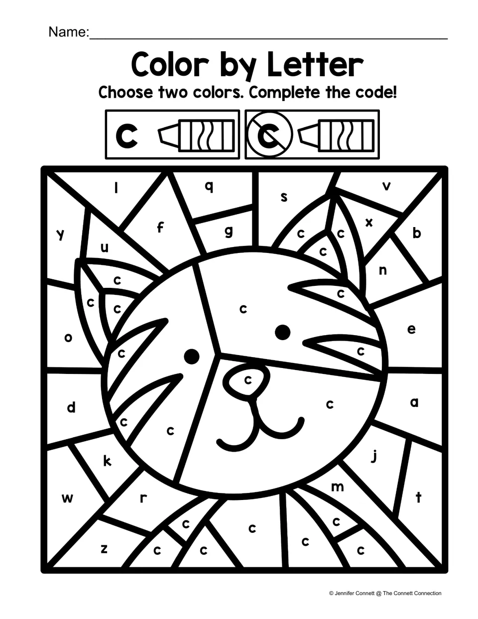 Hidden cat picture: students color lowercase c spaces one color and other letters a second color to show a cat face