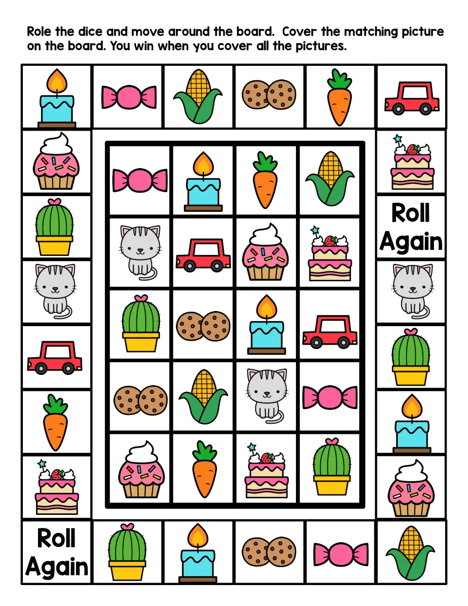 Letter C beginning sounds board game in color: roll, move, then cover the matching car, cat, corn or cake picture